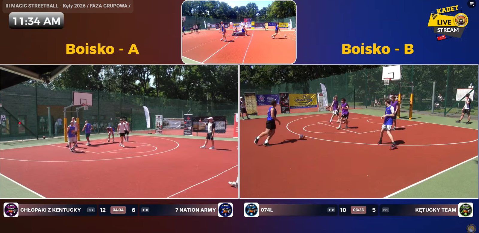 Two-court 3x3 basketball stream with Turniej Generator score bugs in OBS