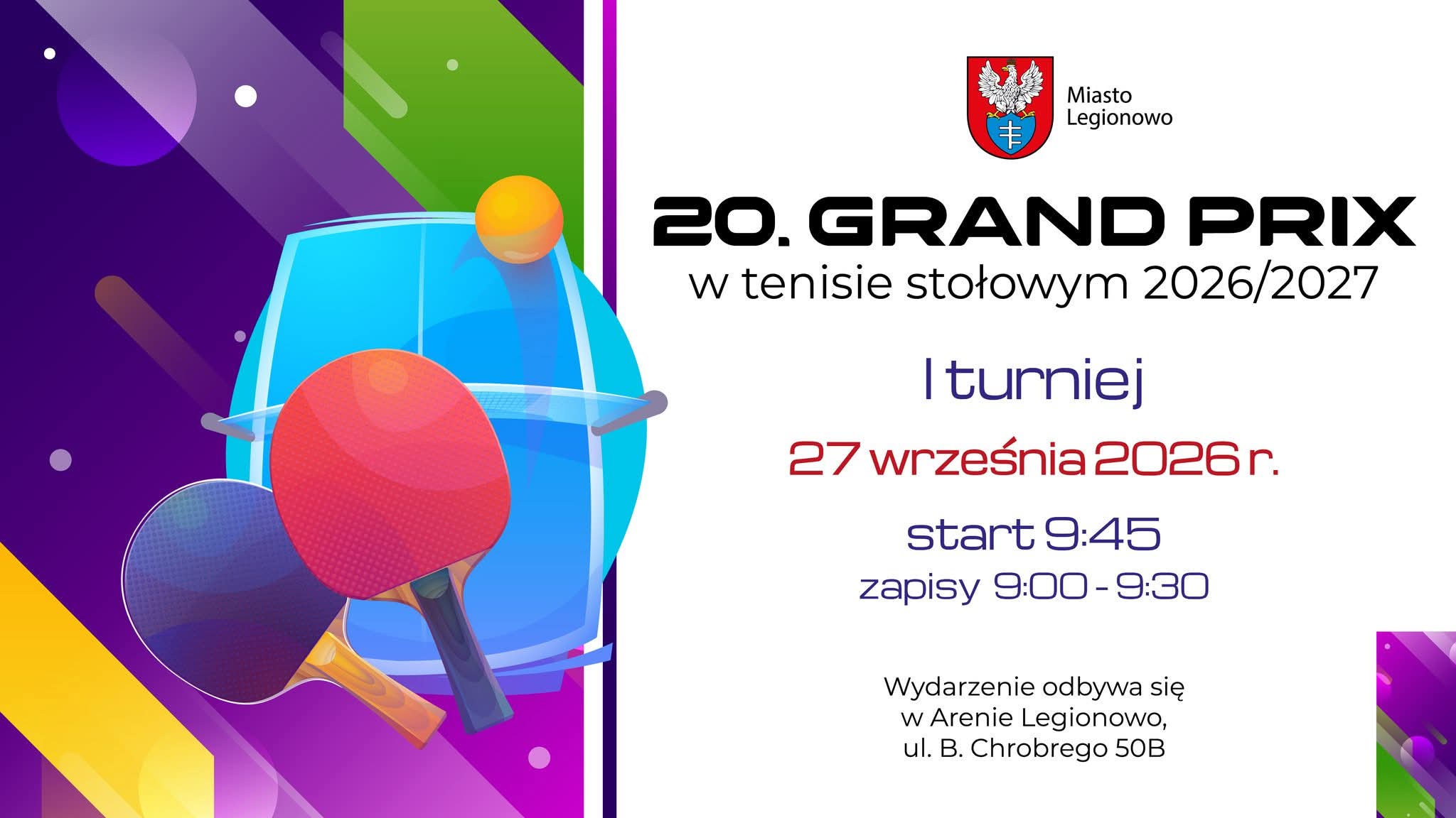 Plakat turnieju 20. GRAND PRIX w tenisie stołowym 2026 2027 I turniej