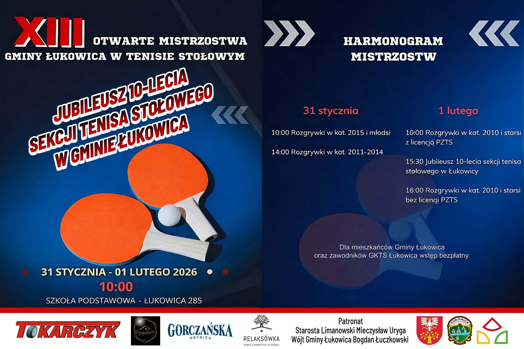 Plakat turnieju XIII Otwarte Mistrzostwa Gminy Łukowica w Tenisie Stołowym
