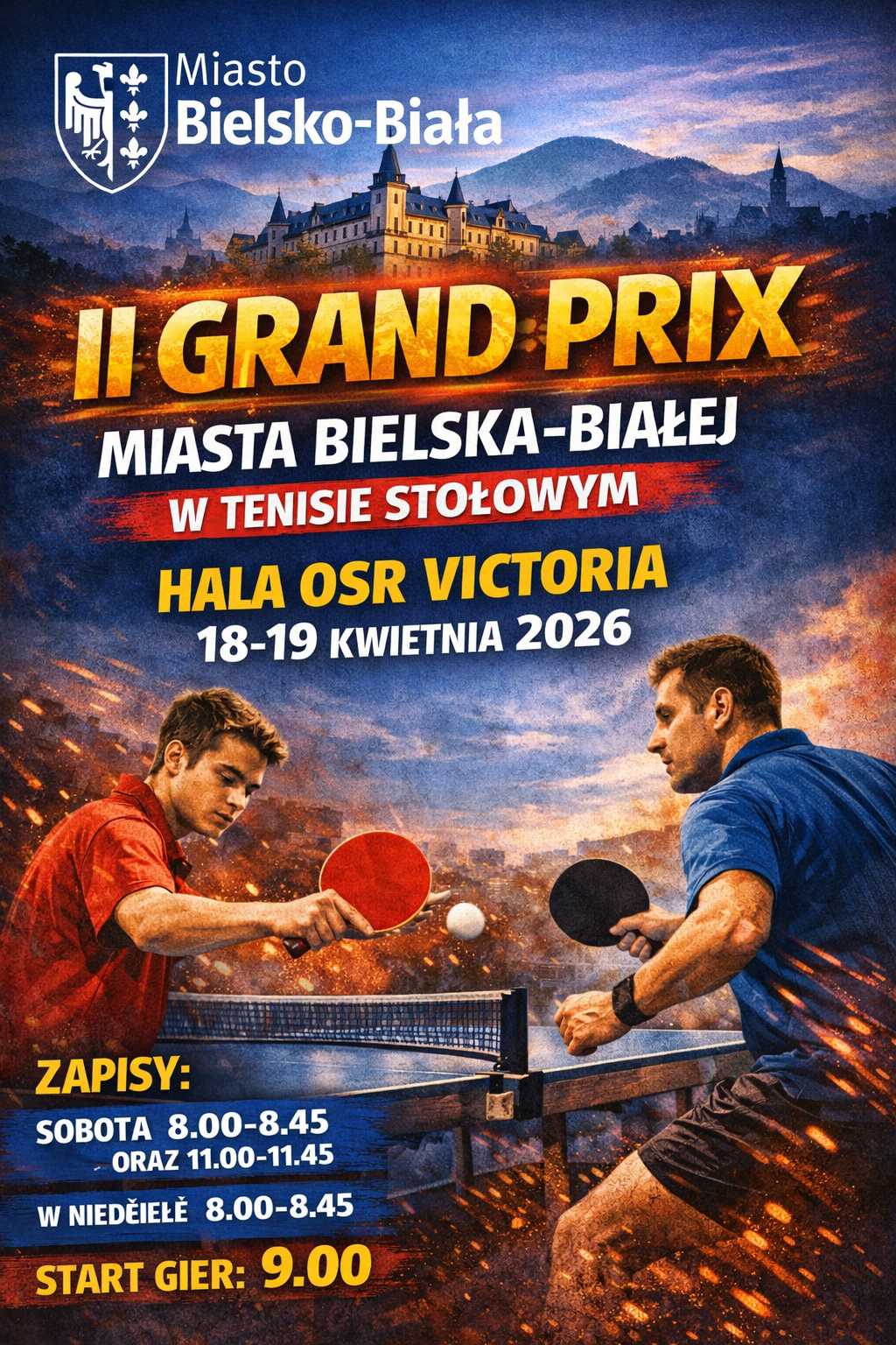 Plakat turnieju II Grand Prix Miasta Bielska-Białej w tenisie stołowym