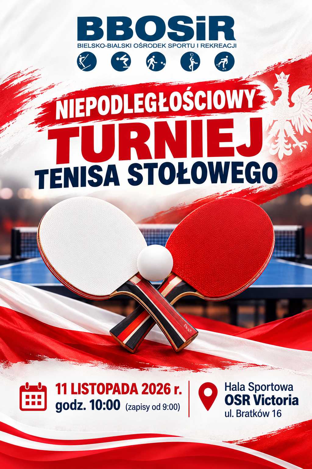 Plakat turnieju Niepodległościowy Turniej Tenisa Stołowego 2026