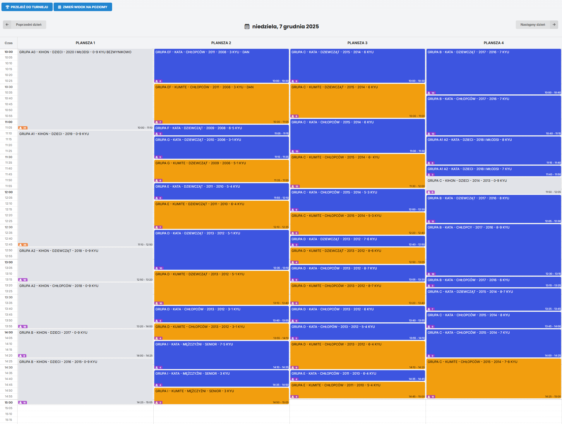 Karate tournament – schedule in mobile view